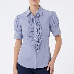 Miss Majesty Blue White Striped Ruffle Puff Sleeve Cotton Button Down Shirt